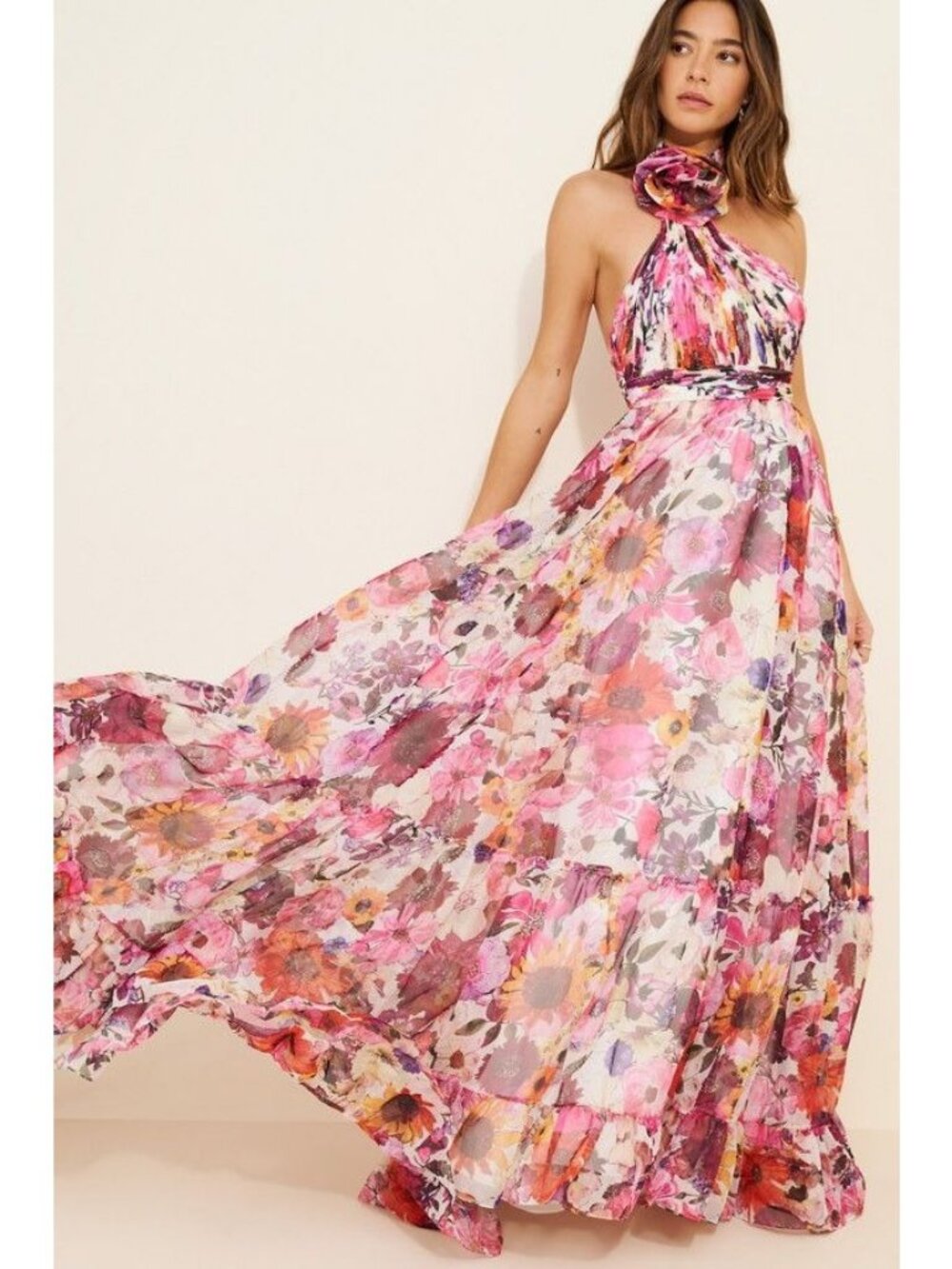 Mac Duggal Asymmetrical Ruffled Halter Gown Maxi Dress Garden Formal Womens 2